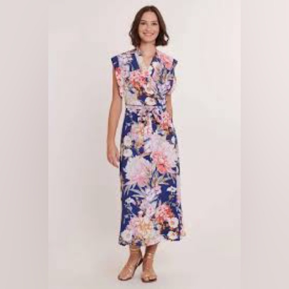 Rene Derhy Floral Blue Wrap Short Sleeve Midi Maxi Dress Small